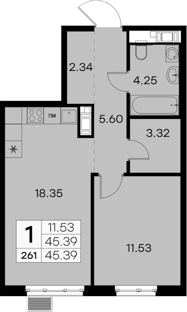 1-комнатная квартира 45.39 м², 3/7 эт., ЖК «Glorax City Балтийская»